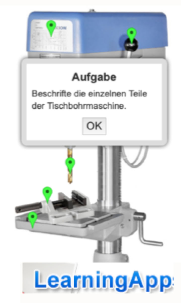 Tischbohrmaschine mit Beschriftungsaufgabe und grün markierten Teilen, darunter ein Dialogfeld mit der Anweisung, die Teile zu benennen, und einem OK-Button. Unten das Logo von LearningApp.