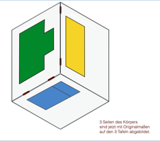 3-Tafel-Projektion mit Hilfe einer aufklappbaren Raumecke