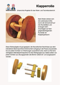 Abbildung einer Klapperrolle mit Holzr&auml;dern und Metallstangen, daneben Text in deutscher Sprache.