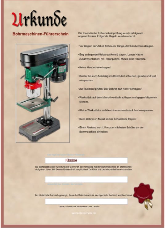 Bohrmaschinen-F&uuml;hrerschein Urkunde