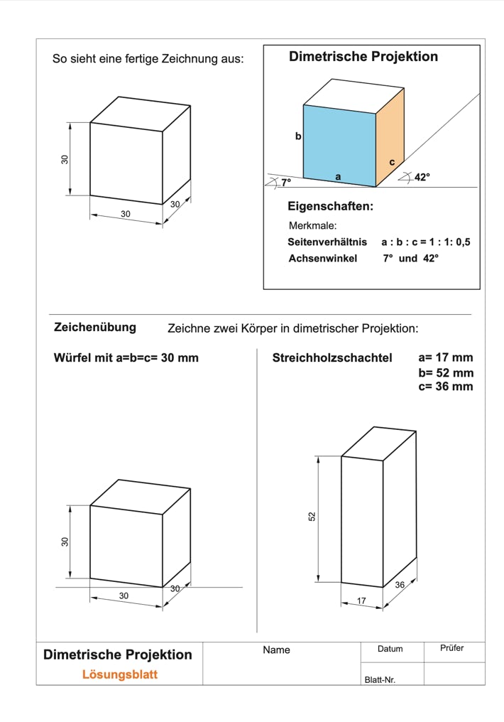 L&ouml;sung Arbeitsblatt Dimetrische Darstellung von K&ouml;rpern