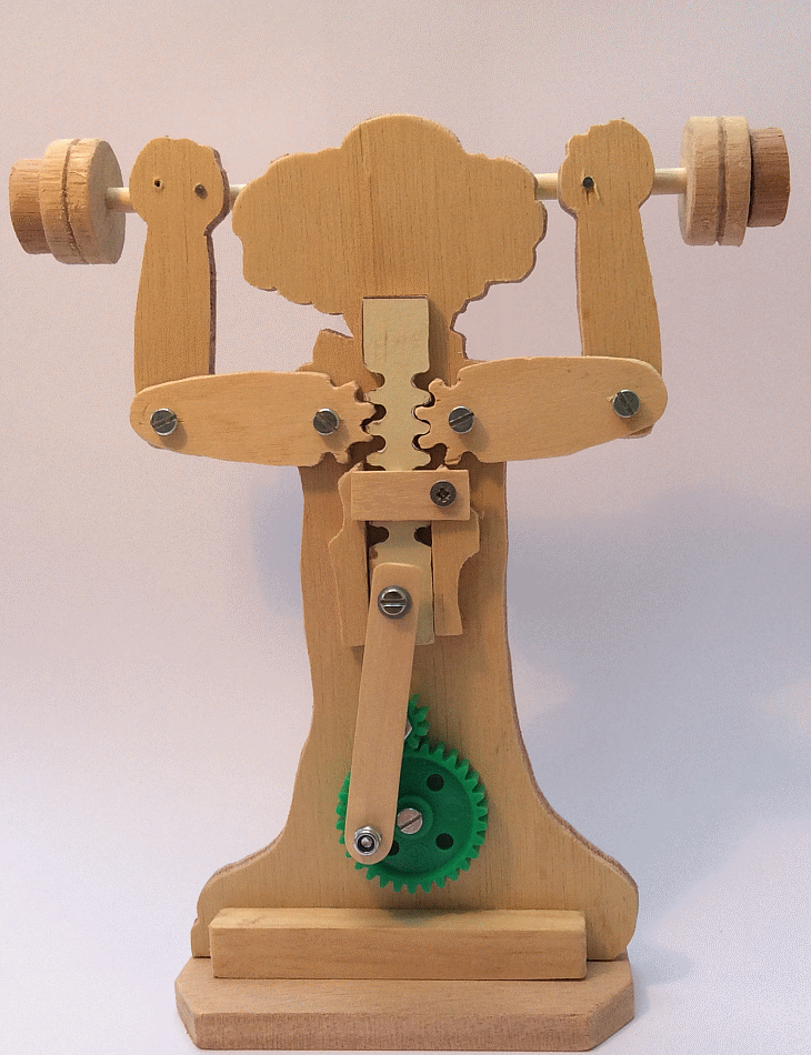 Weightlifter with gear drive Motion conversion with - crankshaft - connecting rod - rack - gear