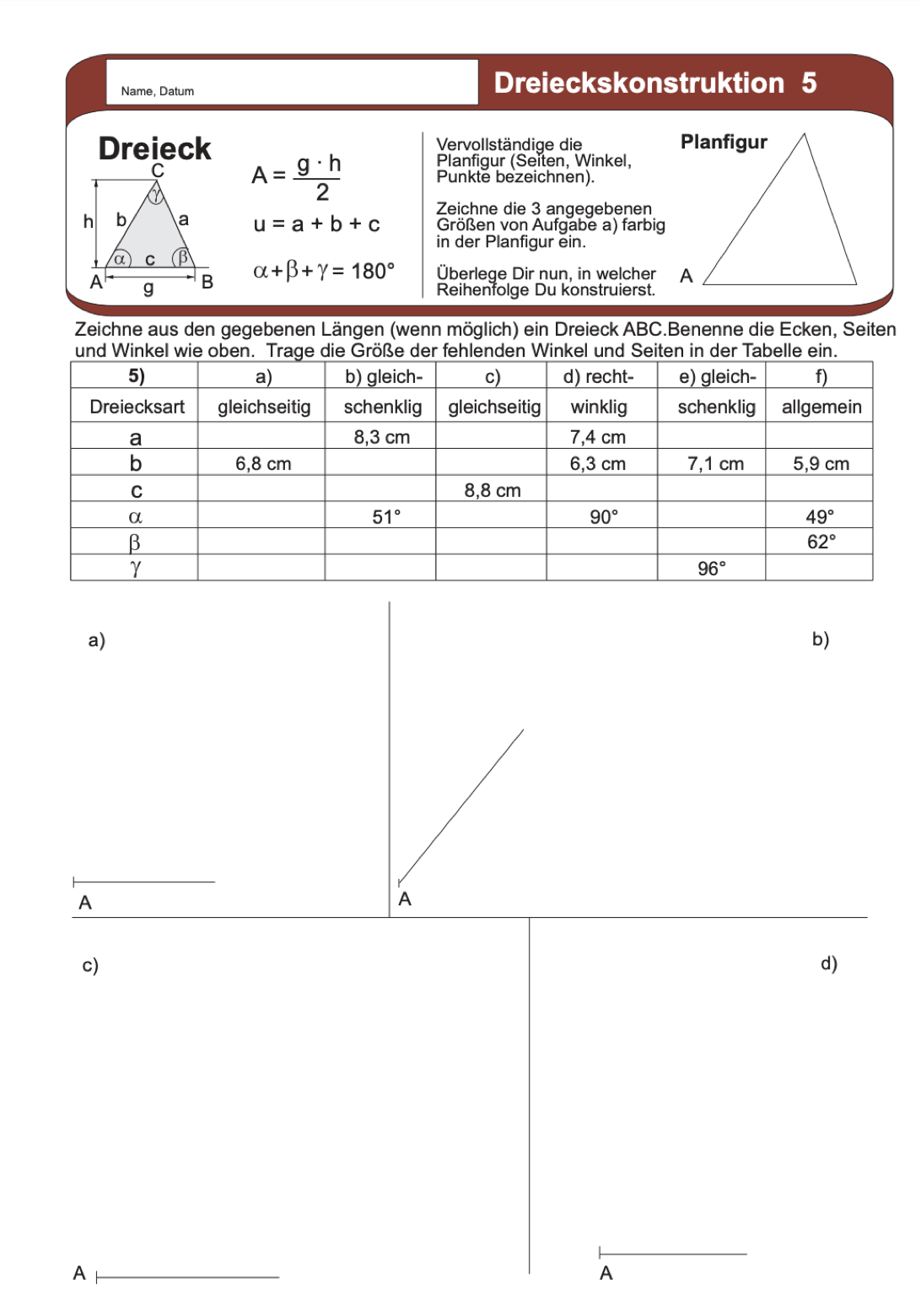 Arbeitsblatt Geometrie