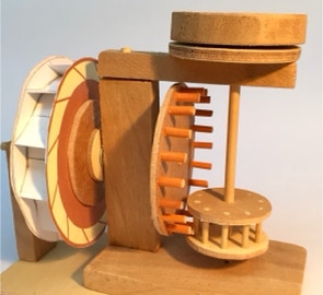 Werkaufgabe mit Werkstoff Holz:   Wassermühle mit Wasserrad und Kammgetriebe, Mühlstein