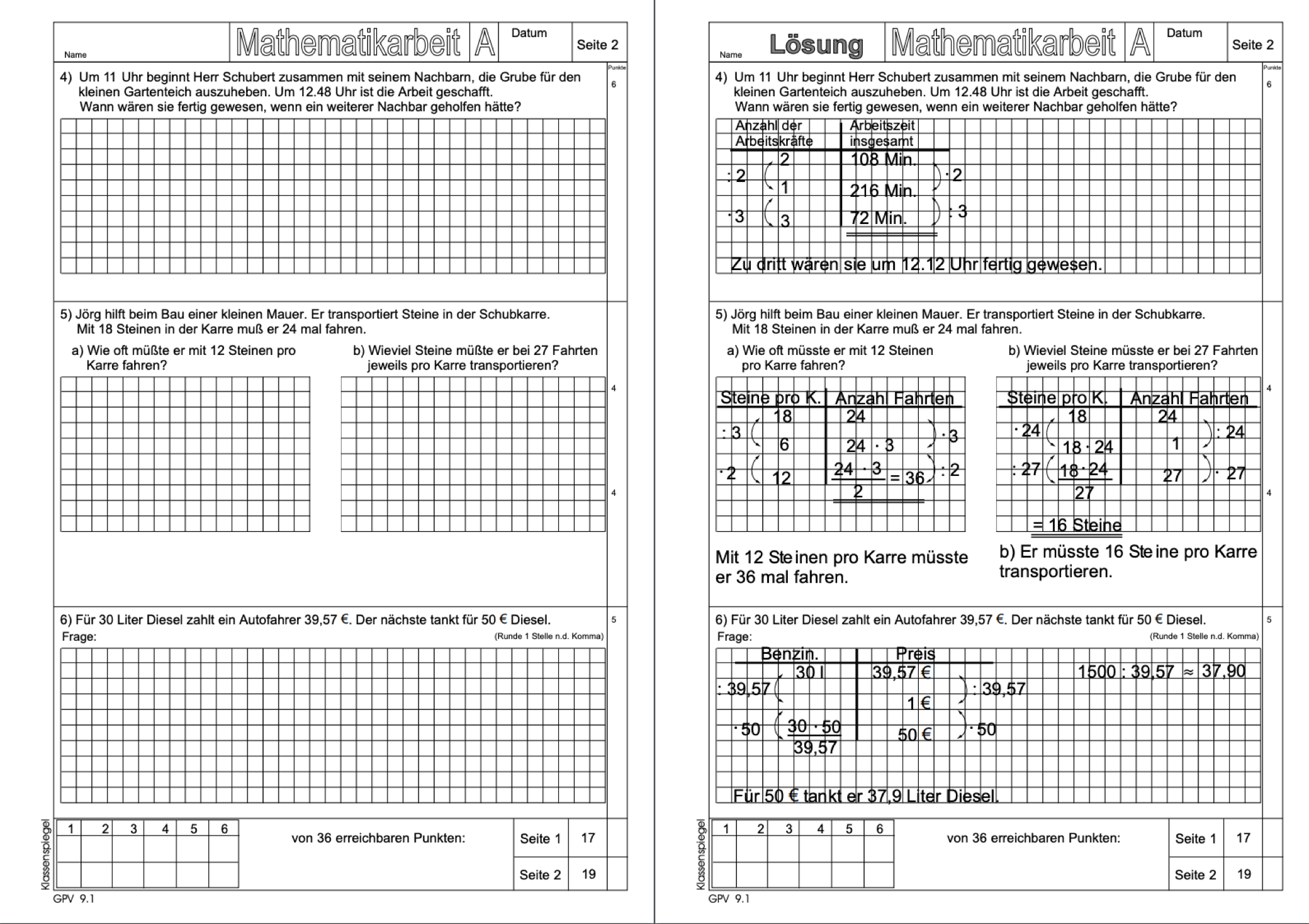 Mathematikunterricht -  Klassenarbeiten-Lernzielkontrollen